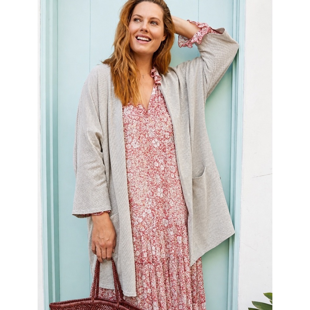 NWT DONNI Striped Open Front Cardigan Taupe White OSFA Plus Pockets Kimono